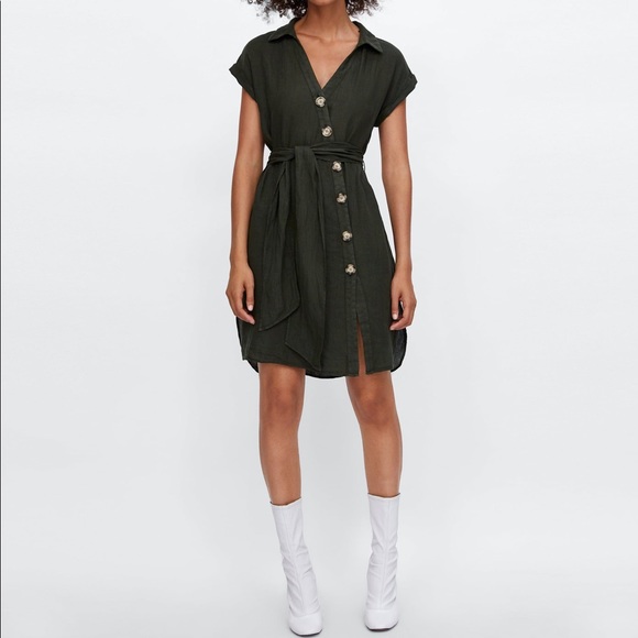 Zara olive linen mini button asymmetrical dress - Picture 3 of 8